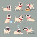 Dog in day activity. Funny cartoon puppy daily routine. Cute dog pet animal vector character set Royalty Free Stock Photo