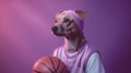 Dog Decked Out As A Basketball Player With Jersey And Headband Pastel Light Purple And Light Crimson