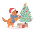 The dog decorates the Christmas tree. Cute labrador wearing a knitted scarf and a santa claus hat. Vector print with a