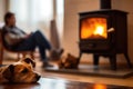 Dog With Defocused Fireplace And Man With Cup In The Background. Generative AI