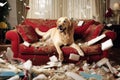 Dog destroying cushions on sofa. Naughty playful dog after biting a pillow. Generative AI