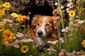 dog digging hole among blooming flowers Royalty Free Stock Photo