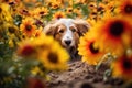 dog digging hole among blooming flowers Royalty Free Stock Photo