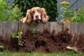 dog digging hole near garden fence Royalty Free Stock Photo