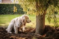 dog digging a hole next to a freshly planted tree in garden