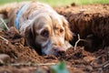 dog digging a hole in the yard, chew bone in the scene Royalty Free Stock Photo