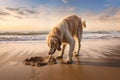 dog digging sand near ocean waves Royalty Free Stock Photo