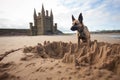 dog digging sand next to a sandcastle ruin Royalty Free Stock Photo