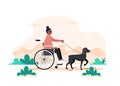 A dog and a disabled black woman in a wheelchair. Walking with Seeing Eye dog vector illustration. Royalty Free Stock Photo