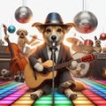 A dog in a disco ground playing instruments on a white background Royalty Free Stock Photo