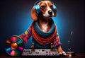 Dog DJ set. Anthropomorphic animal having fun at the trendy club night party. International Music Day. Generate Ai. Royalty Free Stock Photo