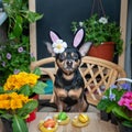 Dog dressed as an Easter bunny in a hat and scarf surrounded by flowers, the theme of spring and  Easter Royalty Free Stock Photo