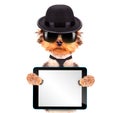 Dog dressed as mafia gangster with tablet pc Royalty Free Stock Photo