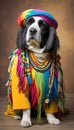 Dog dressed in hippie clothes: Humanization of Animals Concept