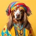 Dog dressed in hippie clothes: Humanization of Animals Concept