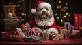 a dog dressed in a Santa Claus outfit, surrounded by Christmas presents Royalty Free Stock Photo