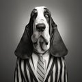 Whimsical Basset Hound Duo: Black And White Dog In Striped Suit