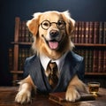 A dog dressed in a suit and tie is sitting at a desk, appearing to be engaged in office work. Royalty Free Stock Photo