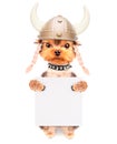 Dog dressed up as a viking with banner