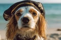 Dog dressed up with pirate costume hat. Generative AI