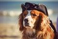 Dog dressed up with pirate costume hat. Generative AI illustration