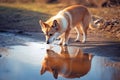 Dog drinking out of water puddle. Concept for Leptospirosis bacteria danger