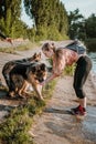 Dog drinking from owner palms. Young sports happy woman plays with German Shepherd dog near lake. Authentic moments of joy girl