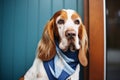 dog with droopy ears wearing a blue scarf sitting by a closed office door