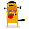 Dog eating big hamburger. Hungry cute pet. Cartoon vector illustration