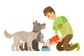 Dog Eating Food, Volunteer Caring of Dog Vector