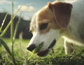 Dog eating grass in the field Royalty Free Stock Photo