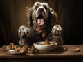 a dog eating something very tasty standing in front of a dark wooden table