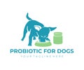 Dog eats from a bowl, animal and pet, probiotic for dogs, logo design. Dog meals, dog food, veterinary, care behind pets and pet s