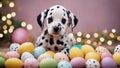 dog with eggs A funny little Dalmatian puppy that looks like he just painted some Easter eggs Royalty Free Stock Photo