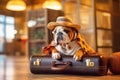 A dog of the English Bulldog breed sits on a suitcase. Transportation of pets. Generative AI