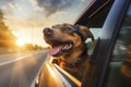 Dog enjoying car ride with head out of window during sunset Royalty Free Stock Photo