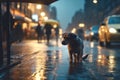 dog on evening street under rain ,car trafic light and pedestrian walk