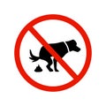 Dog and excrement, no dog pooping sign. Information red circular sign for dog owners. Shitting is not allowed. Vector Royalty Free Stock Photo
