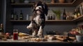 a dog exploring a modern minimalist kitchen, showcasing shelves neatly organized with boxes of delicious dog snacks in