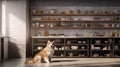 a dog exploring a modern minimalist kitchen, showcasing shelves neatly organized with boxes of delicious dog snacks in