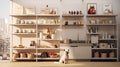 a dog exploring a modern minimalist kitchen, showcasing shelves neatly organized with boxes of delicious dog snacks in