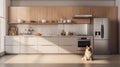 a dog exploring a modern minimalist kitchen, showcasing shelves neatly organized with boxes of delicious dog snacks in