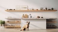 a dog exploring a modern minimalist kitchen, showcasing shelves neatly organized with boxes of delicious dog snacks in