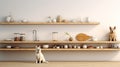 a dog exploring a modern minimalist kitchen, showcasing shelves neatly organized with boxes of delicious dog snacks in