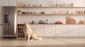 a dog exploring a modern minimalist kitchen, showcasing shelves neatly organized with boxes of delicious dog snacks in