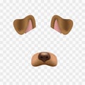 Dog face mask for video chat isolated on checkered background. Animal character ears and nose. 3d filter effect for