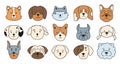 Dog faces emotion cartoon character outline set cute puppy muzzle doodle smiling funny sticker