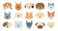 Dog faces emotion cartoon character set cute puppy muzzle doodle smiling funny childish sticker