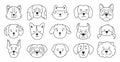 Dog faces emotion doodle outline character set puppy muzzle linear icon smiling funny contour doggy