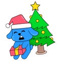 The dog is fast asleep under the fir tree, doodle icon image kawaii